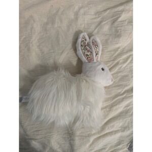 Mon Ami‎ fuzzy long hair white bunny plush with pink floral ear fabric